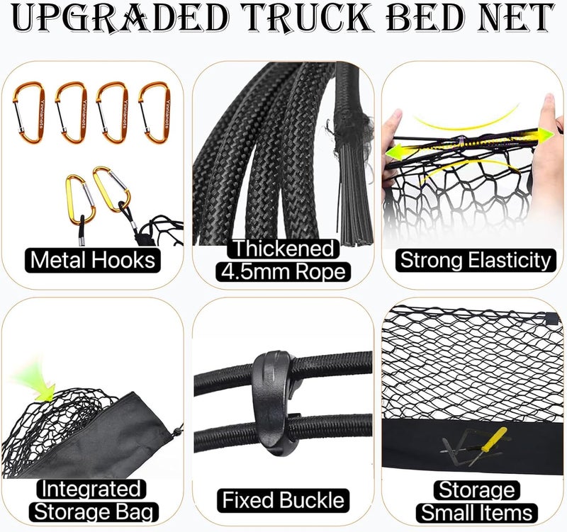 Yinnianets Highly Elastic Truck Bed Cargo Net Compatible with 2015-2025 Ford F150 and Fits 2019-2025 Dodge Ram 1500, Truck Cargo Net for F150/Ram 1500 Accessories, Upgraded Storage Bag & Heavy Duty Carabiners - Image 5